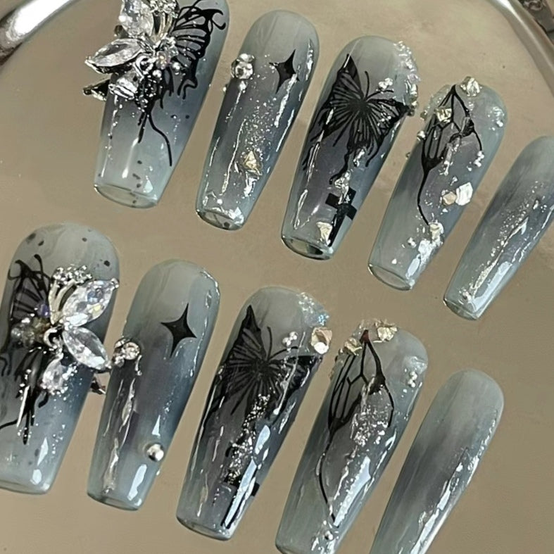 Dark black handmade customized wearing manicure dizzy butterfly irregular line hot girl false nail