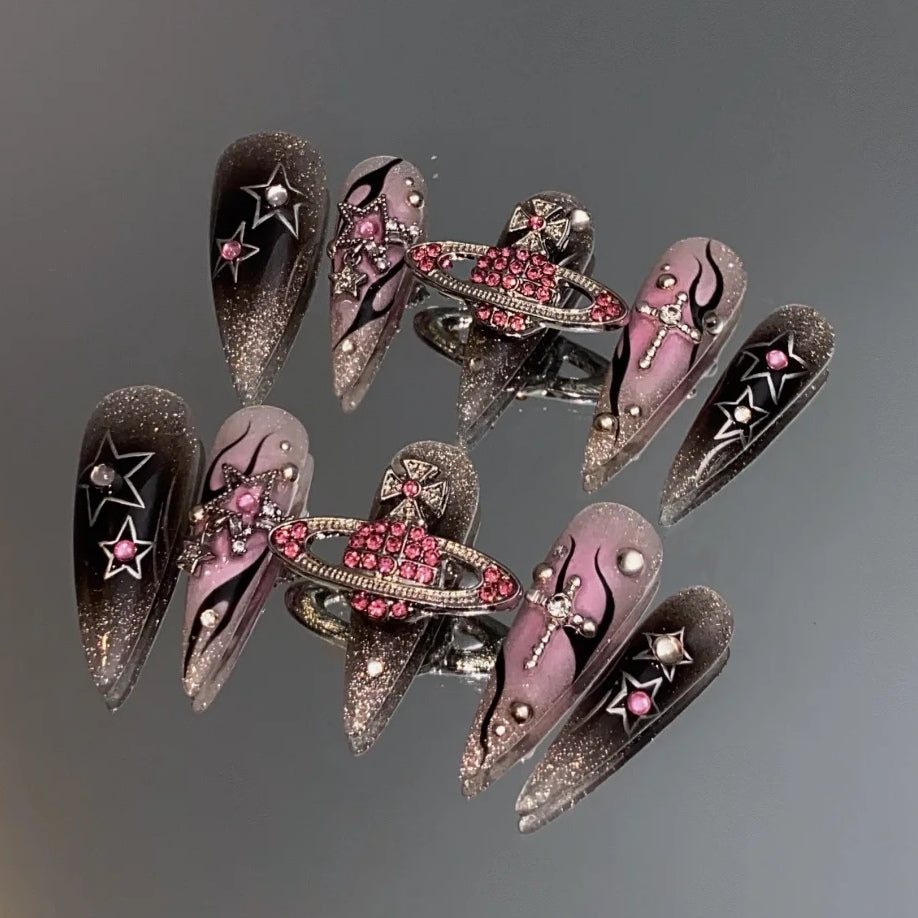 Cosmic Pink & Black Galaxy Nail Set
