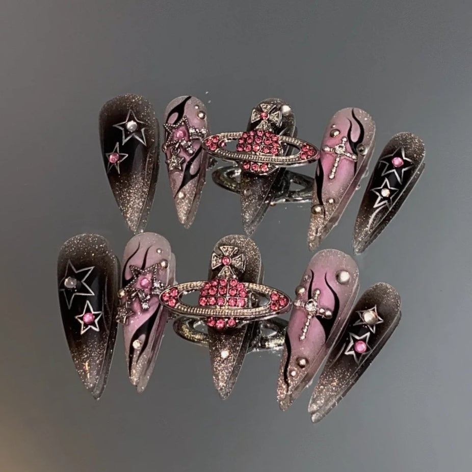 Cosmic Pink & Black Galaxy Nail Set