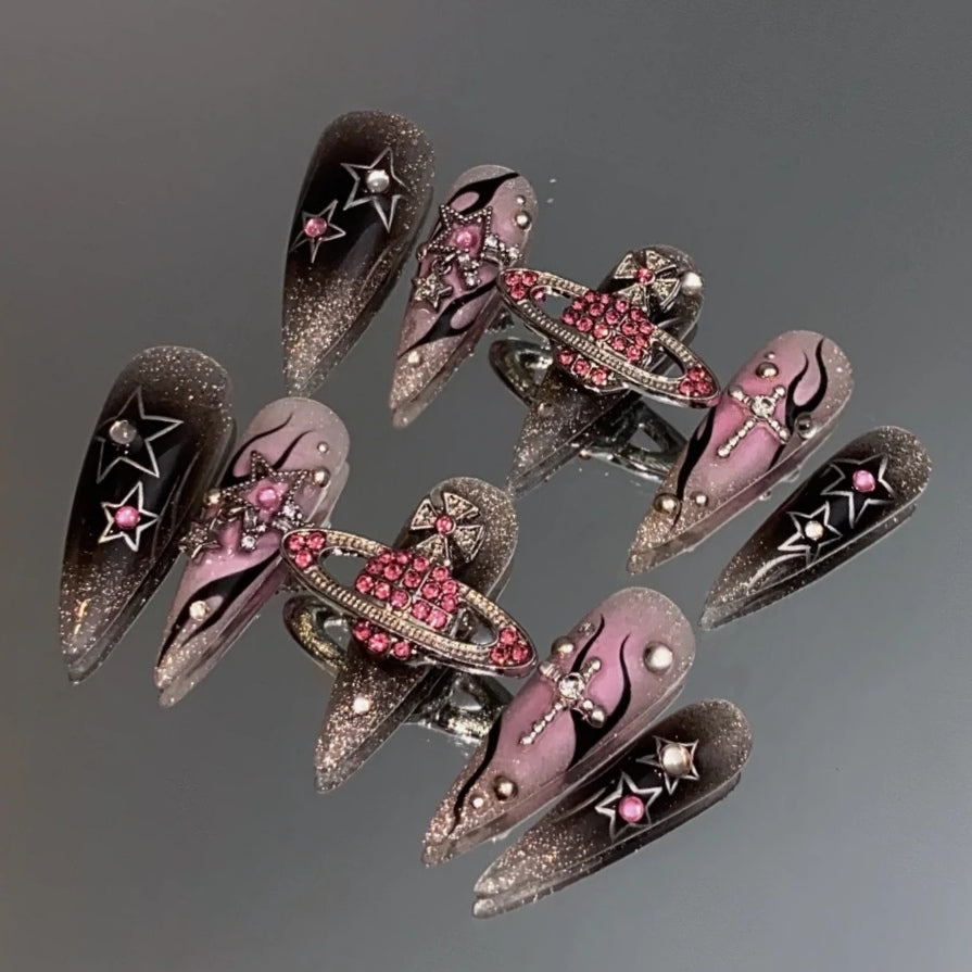 Cosmic Pink & Black Galaxy Nail Set