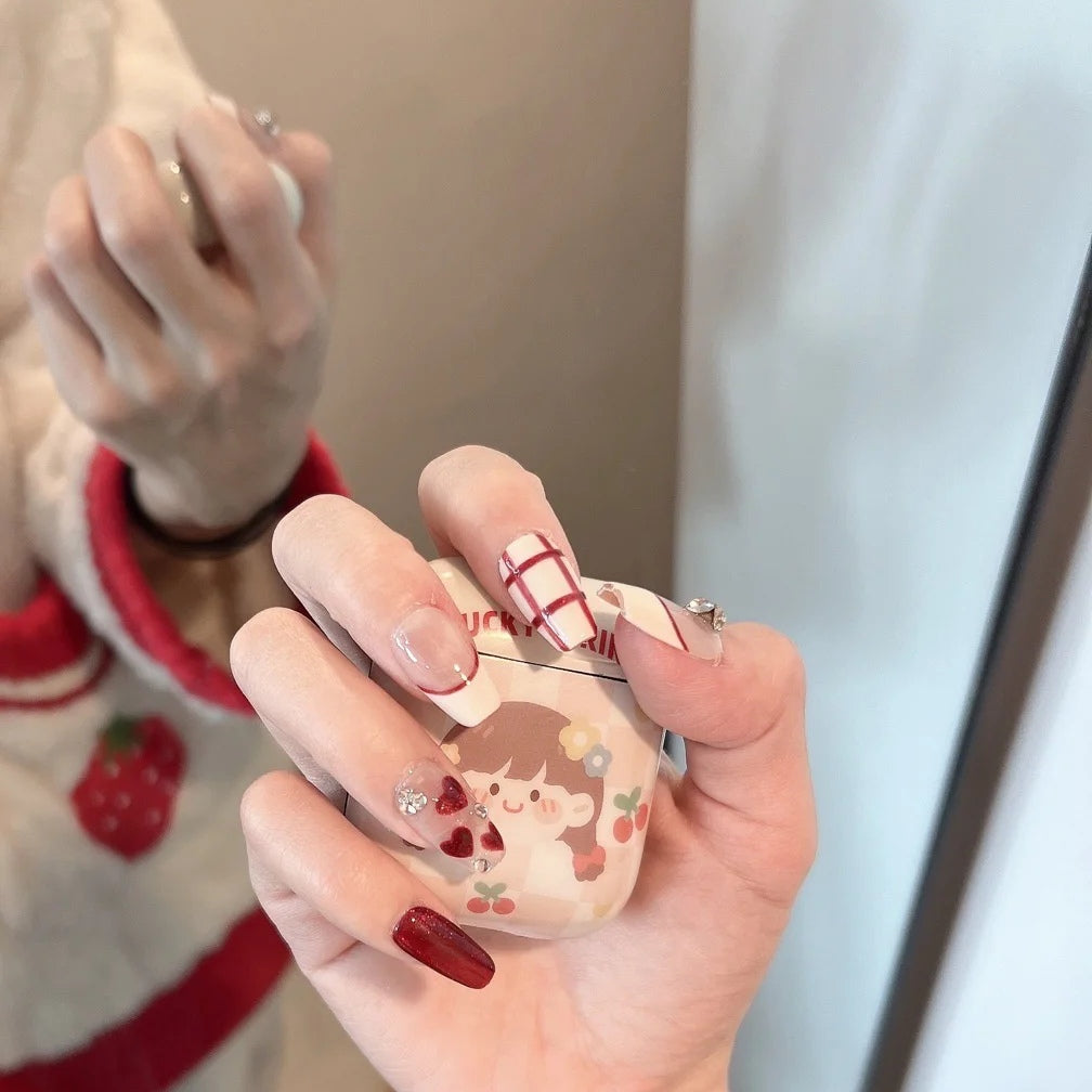Wearable nail enhancement finished red leopard print color painting love stick drill new trapezoidal false nail phototherapy patch removable