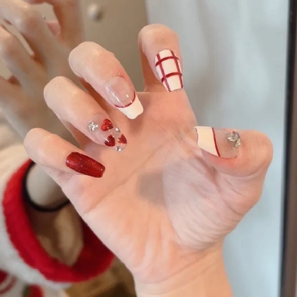 Wearable nail enhancement finished red leopard print color painting love stick drill new trapezoidal false nail phototherapy patch removable