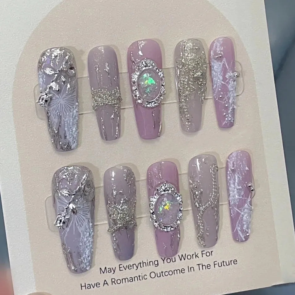 Purple pink butterfly moonlight stone opal wearing nail is handmade
