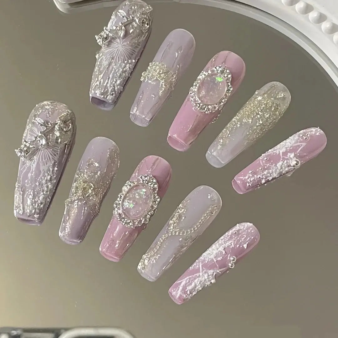 Purple pink butterfly moonlight stone opal wearing nail is handmade