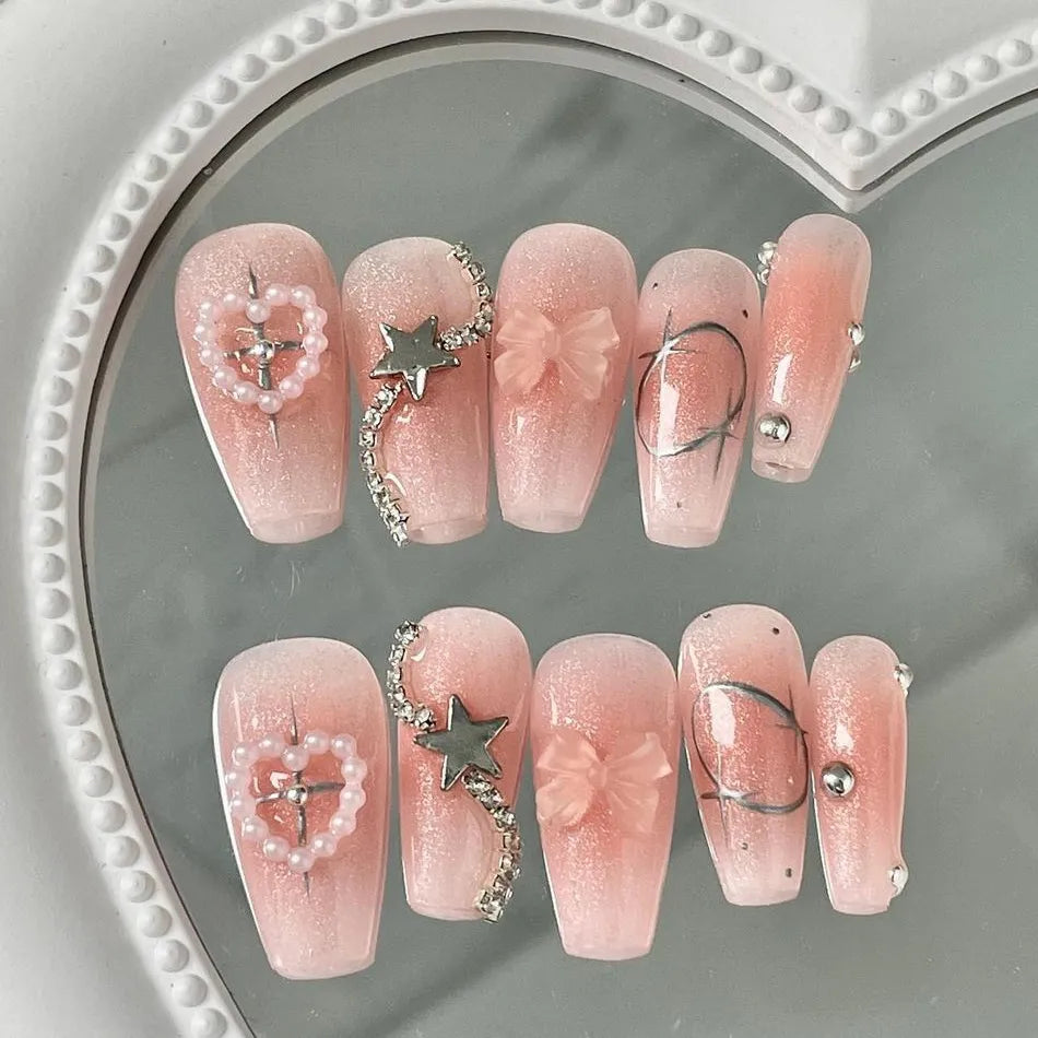 French Style Nail Wearing Premium Shiny Diamond White Light Luxury Nude Medium Length Nail Enhancement Finished Handmade Custom Nail Patch