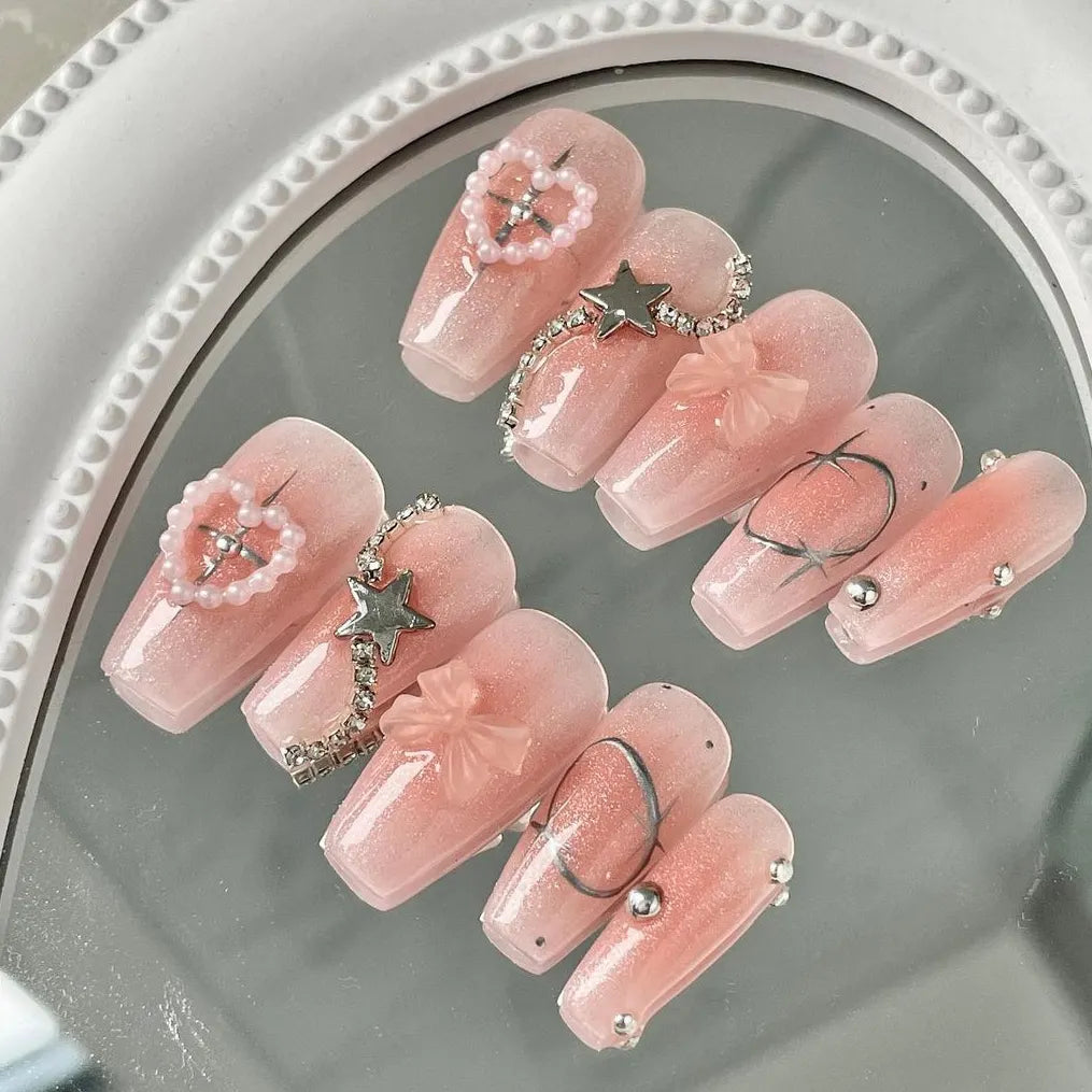 French Style Nail Wearing Premium Shiny Diamond White Light Luxury Nude Medium Length Nail Enhancement Finished Handmade Custom Nail Patch