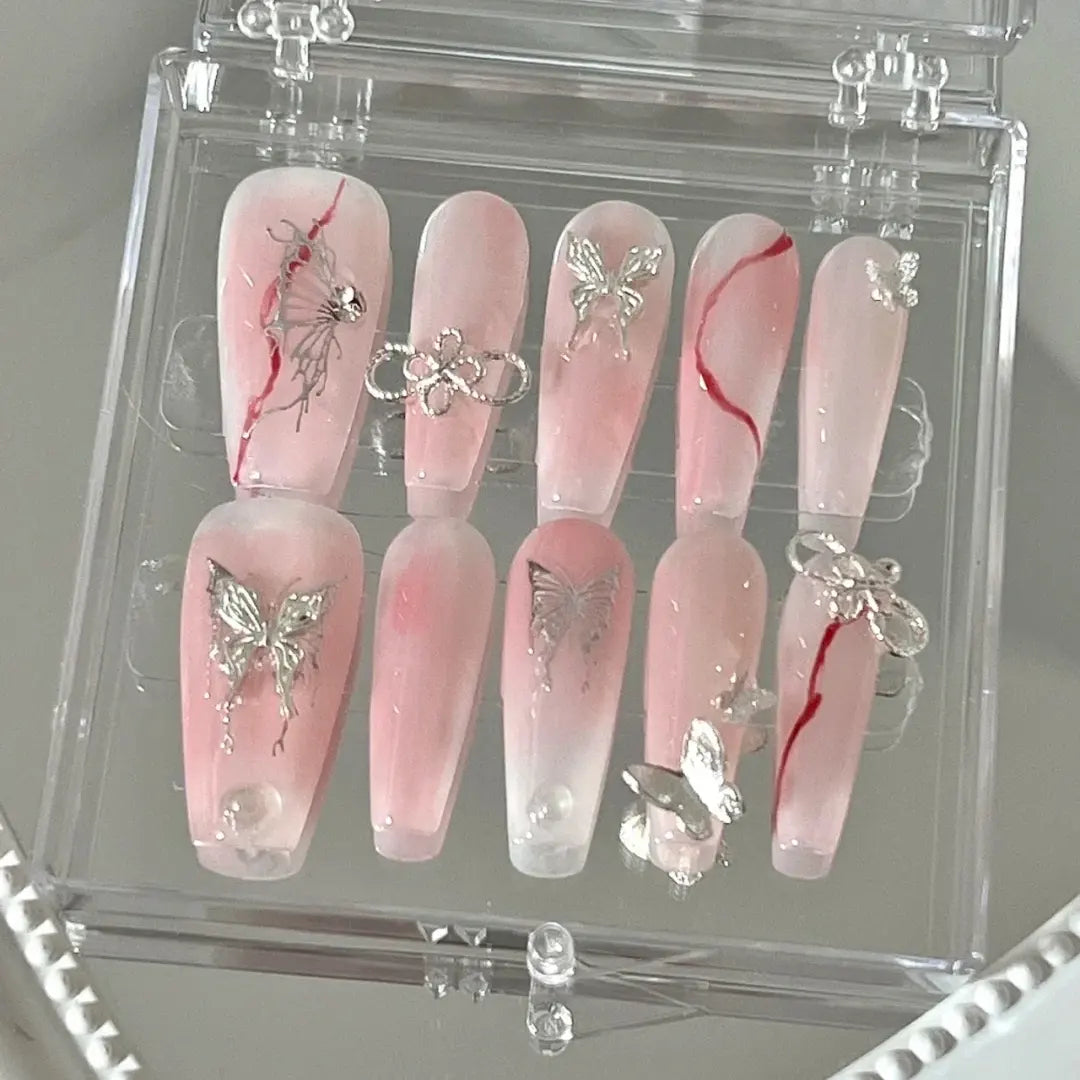 Silver Liquid Butterfly Cool powder blusher Nail Hot Girls Advanced Handmade Custom Bride Removable Nail Plate for Pregnant Women