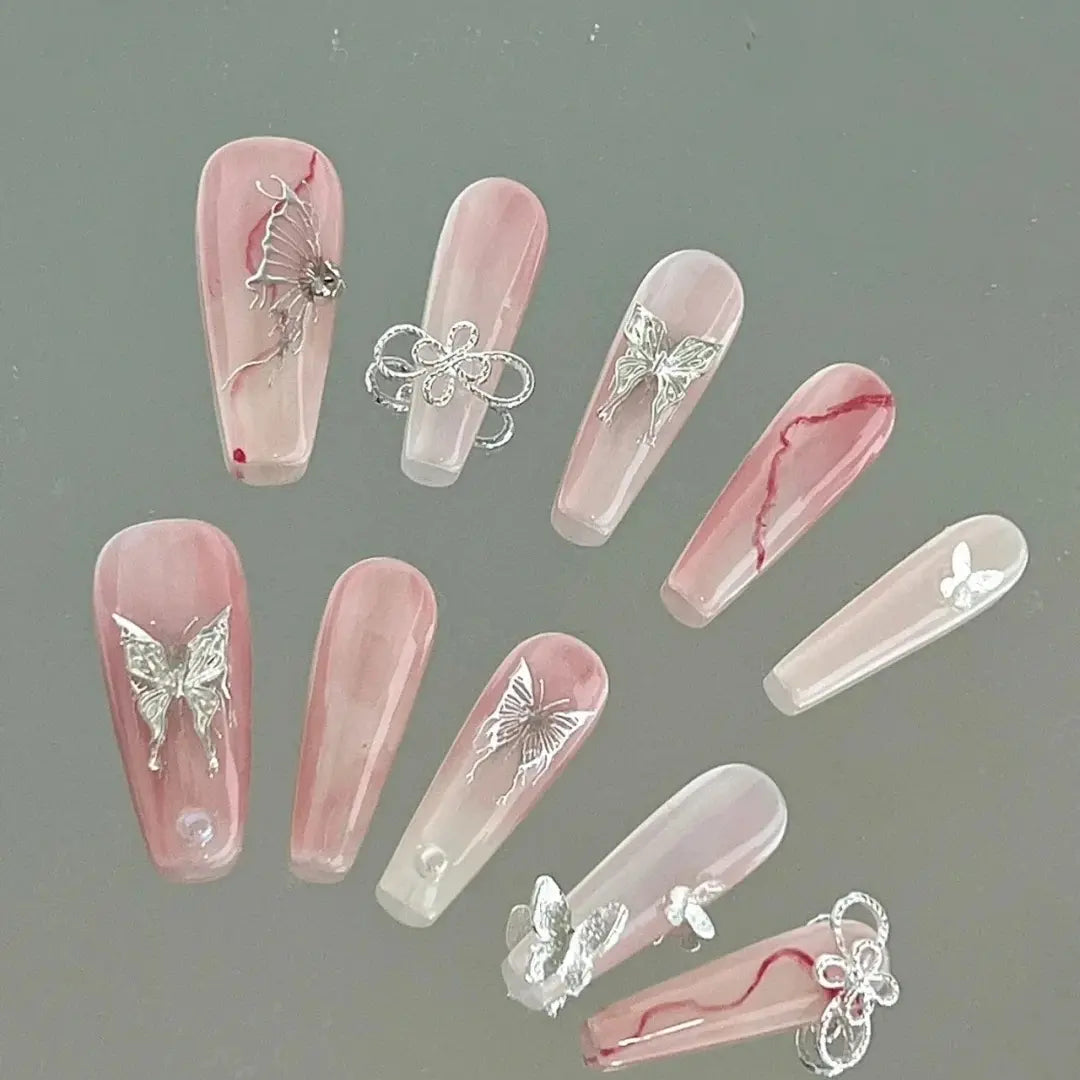 Silver Liquid Butterfly Cool powder blusher Nail Hot Girls Advanced Handmade Custom Bride Removable Nail Plate for Pregnant Women