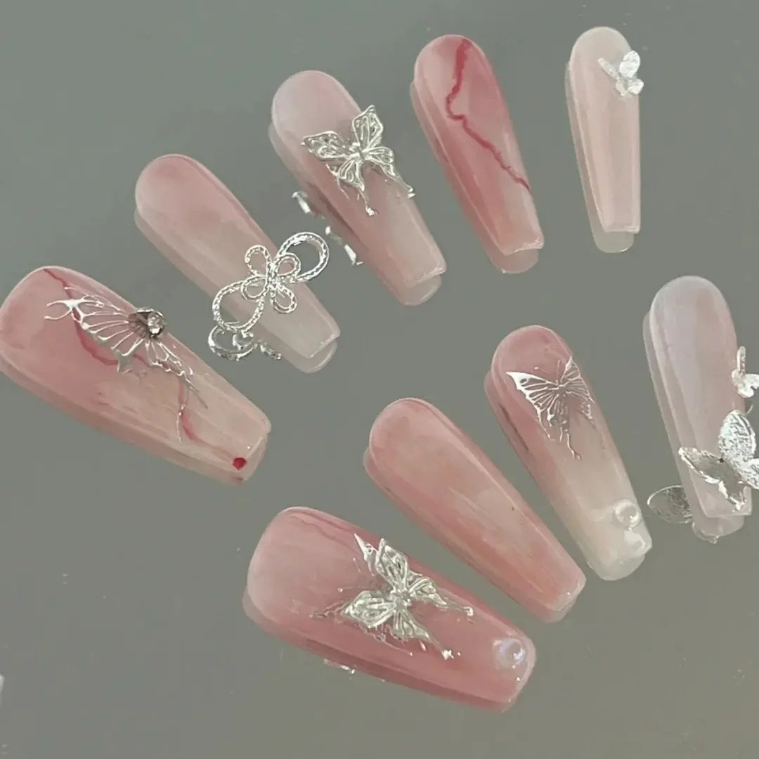 Silver Liquid Butterfly Cool powder blusher Nail Hot Girls Advanced Handmade Custom Bride Removable Nail Plate for Pregnant Women