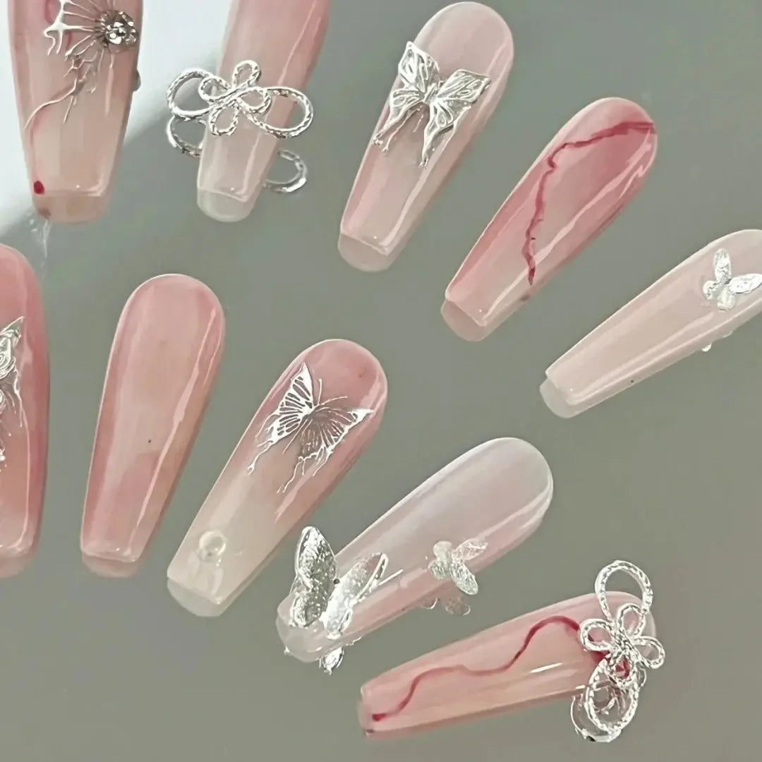 Silver Liquid Butterfly Cool powder blusher Nail Hot Girls Advanced Handmade Custom Bride Removable Nail Plate for Pregnant Women