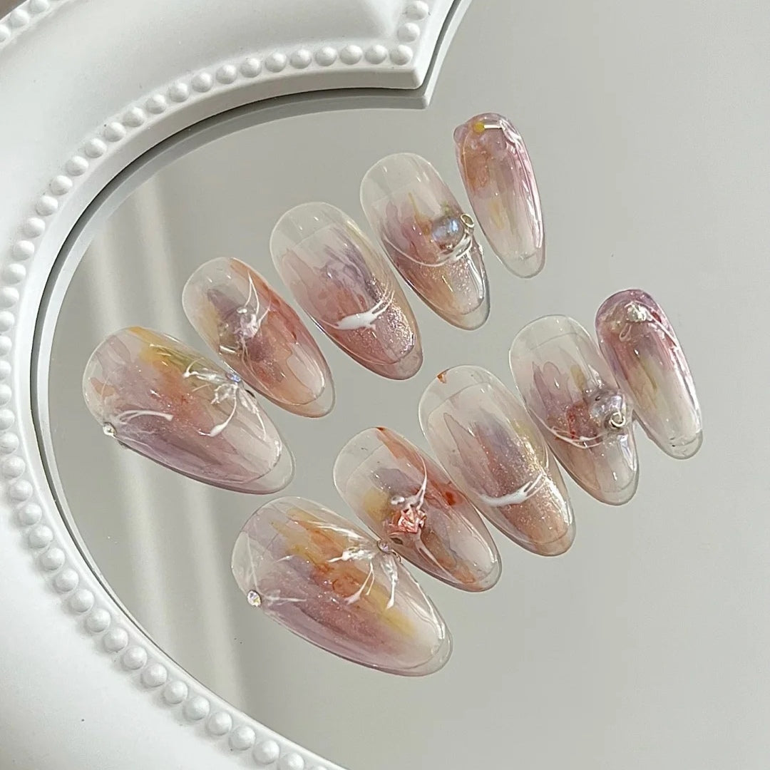 New Dream Nude Powder Halo Dyed Aurora Diamond Nail Patch Gentle Fairy Wearing Nail Enhancement Finished Handmade False Nail Patch