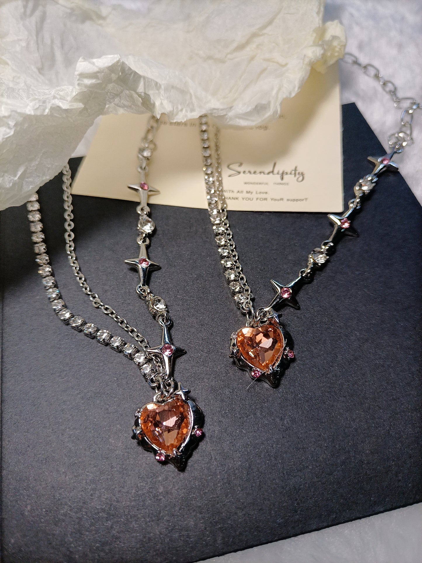 Hot girl orange diamond love star mango splicing diamond chain niche sweet cool silver plated necklace