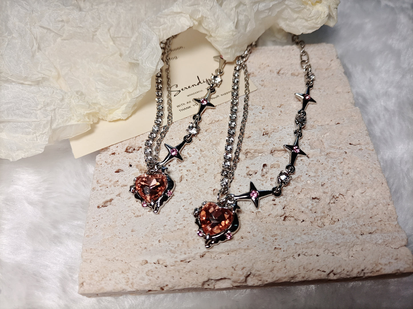 Hot girl orange diamond love star mango splicing diamond chain niche sweet cool silver plated necklace