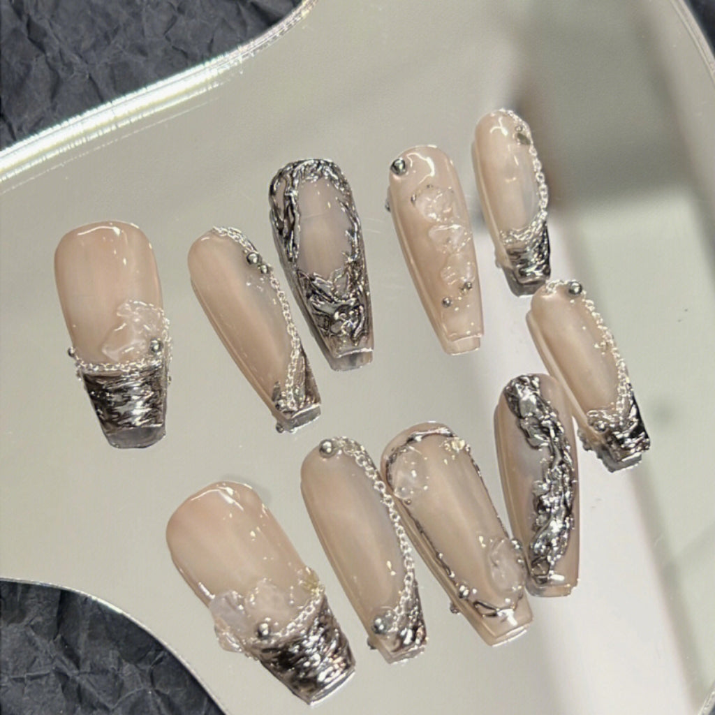 Haoyin | Cyberpunk liquid silver metal machine handmade nail enhancement advanced chain French style wearing nail