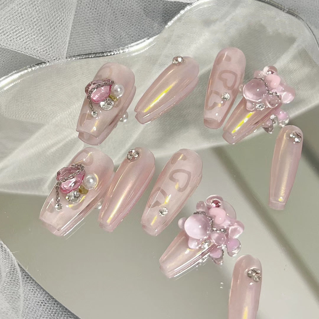 Handmade wearing nail finished fake nail patch summer bride nail enhancement powder glitter removable middle and long style