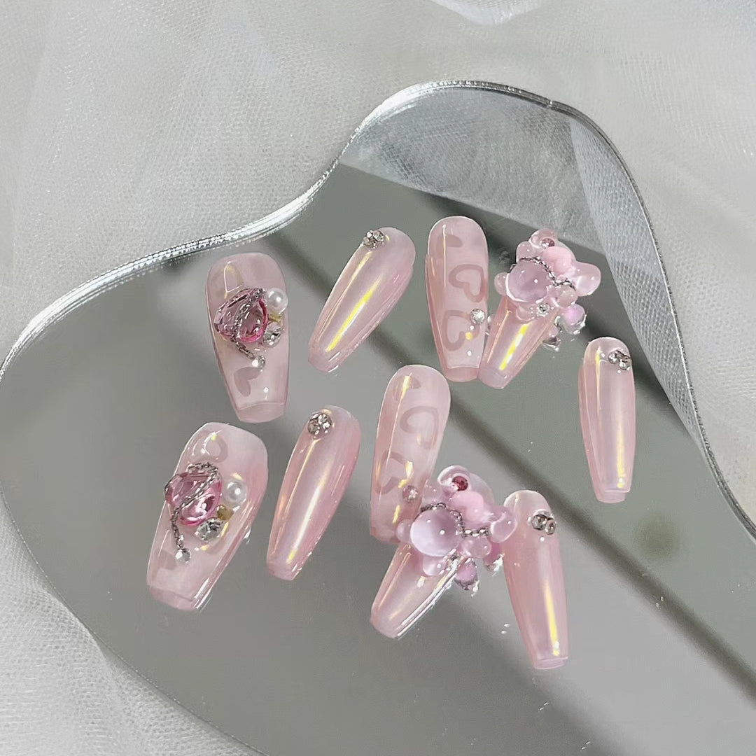 Handmade wearing nail finished fake nail patch summer bride nail enhancement powder glitter removable middle and long style