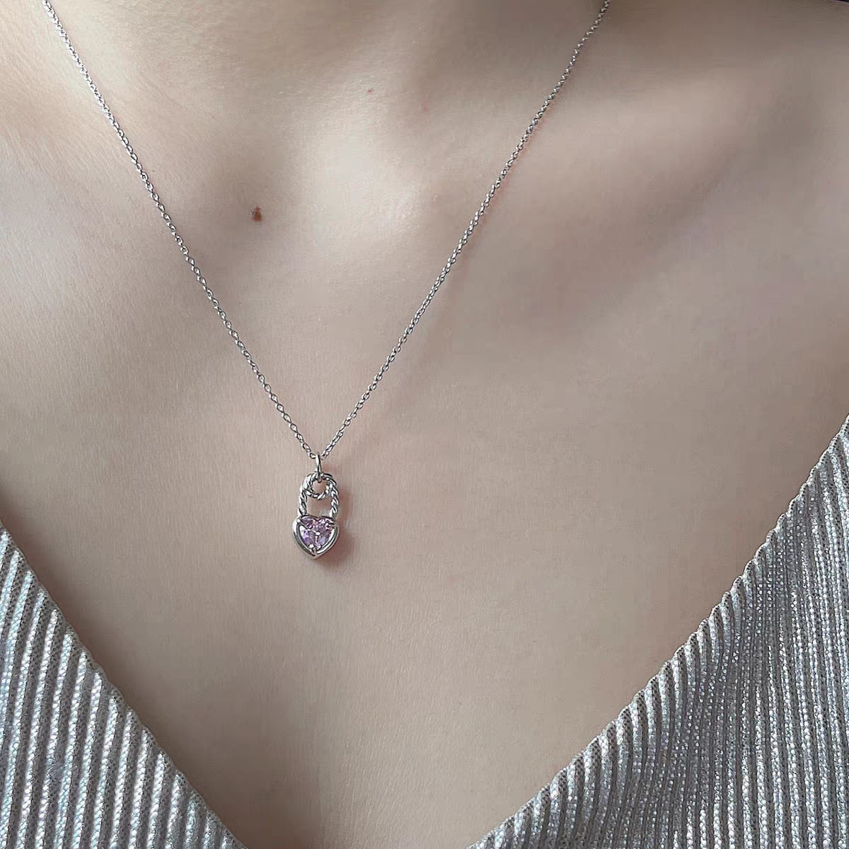 Colorful love zircon necklace s925 sterling silver minority light luxury design pink gem lock head sweet cool collar chain female