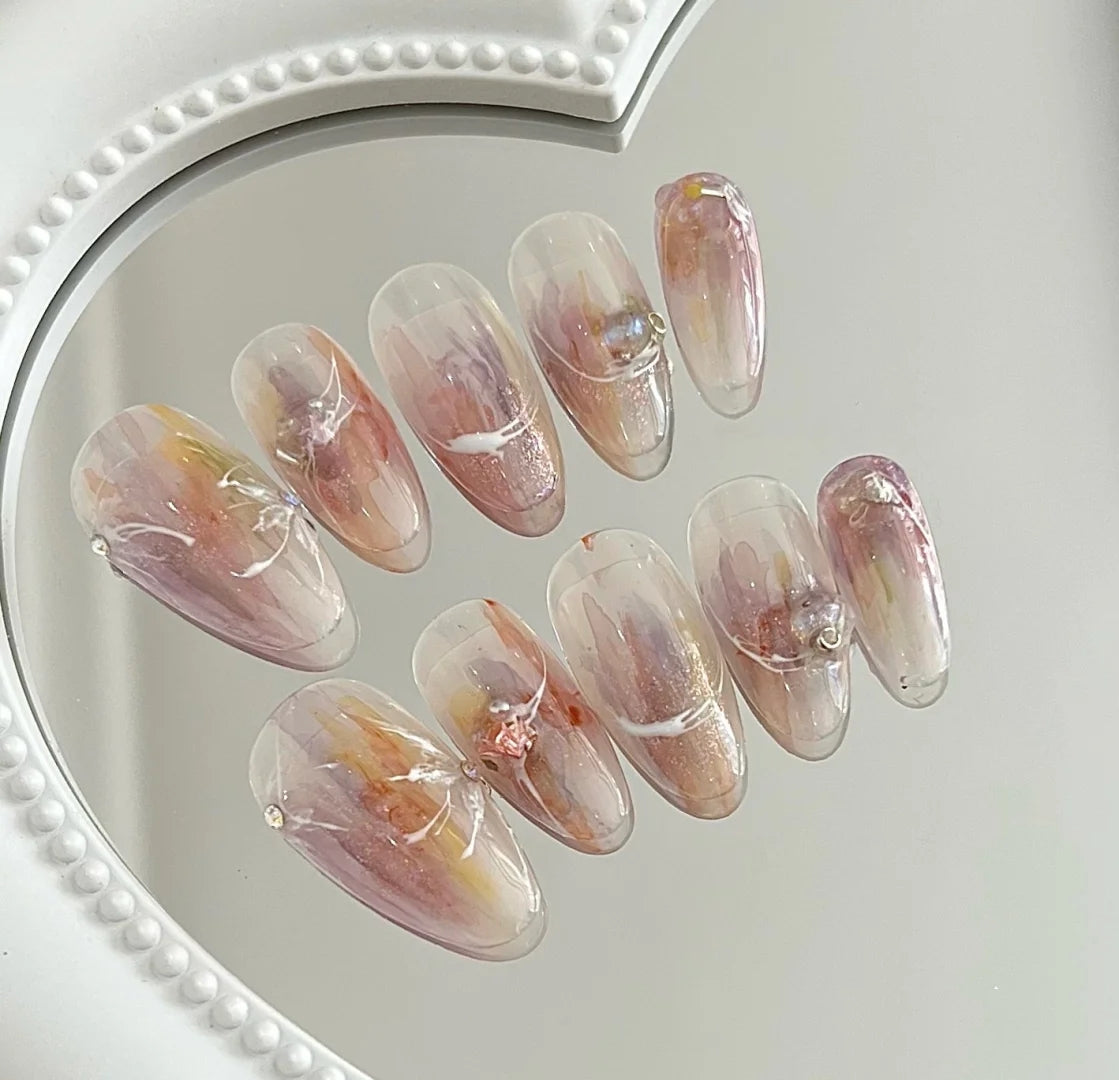 New Dream Nude Powder Halo Dyed Aurora Diamond Nail Patch Gentle Fairy Wearing Nail Enhancement Finished Handmade False Nail Patch