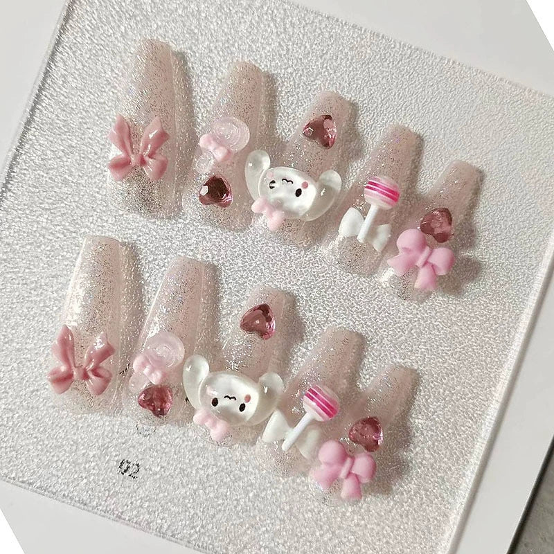 Pink cassia dog long three-dimensional cartoon lollipop fake nail patch wear manicure patch