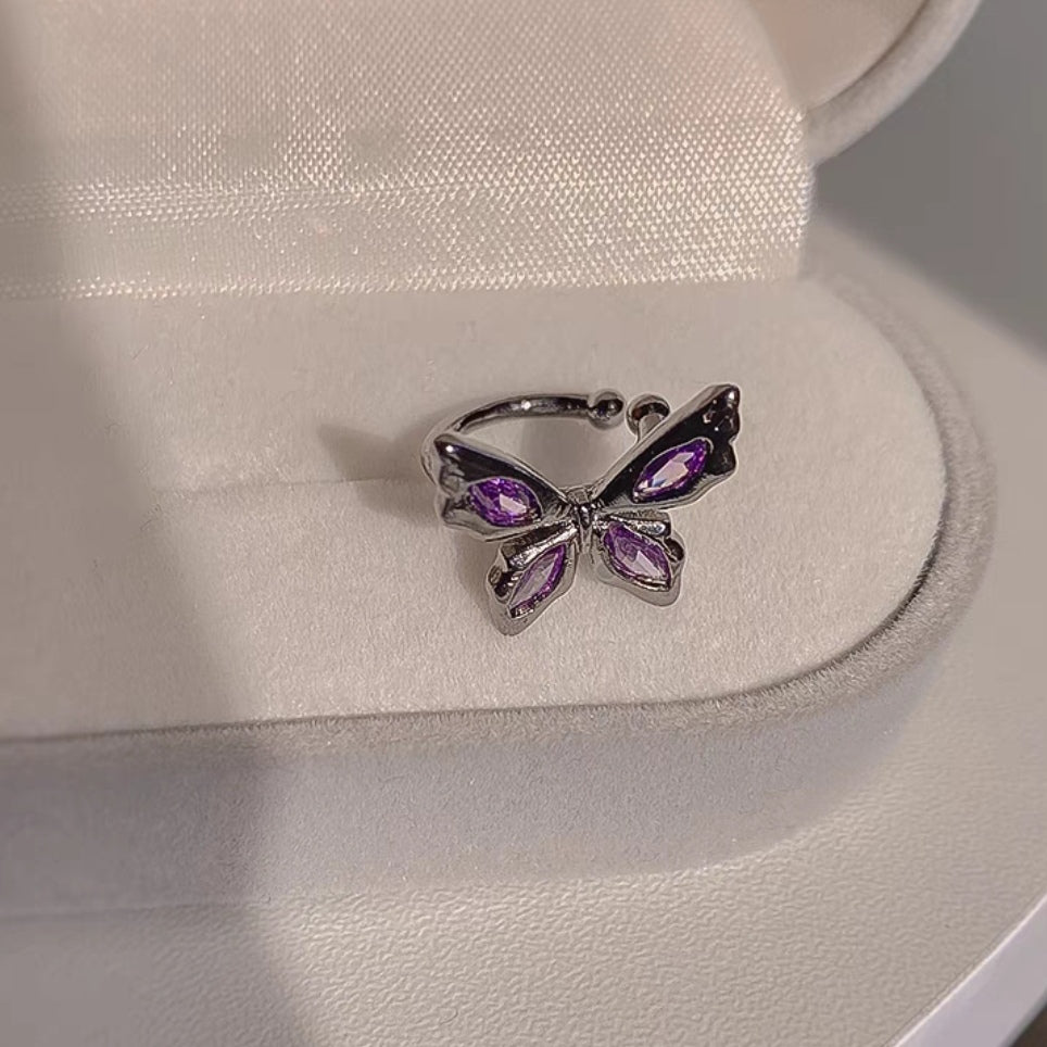 Black butterfly ring, female purple diamond inlaid with sweet cool personality, hot girl, small crowd adjustable index finger ring