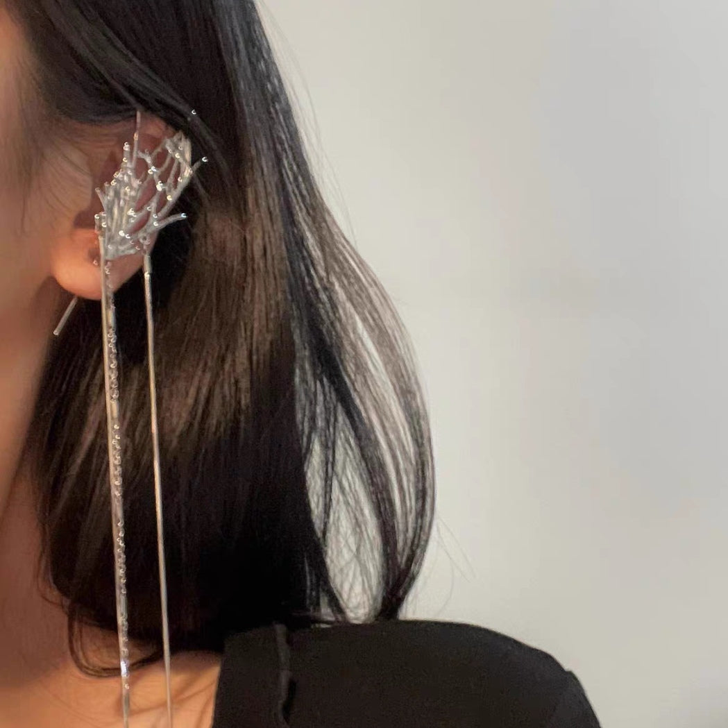 Long tassel temperament butterfly ear hook puncture ear needle integrated luxury high-end niche design earrings