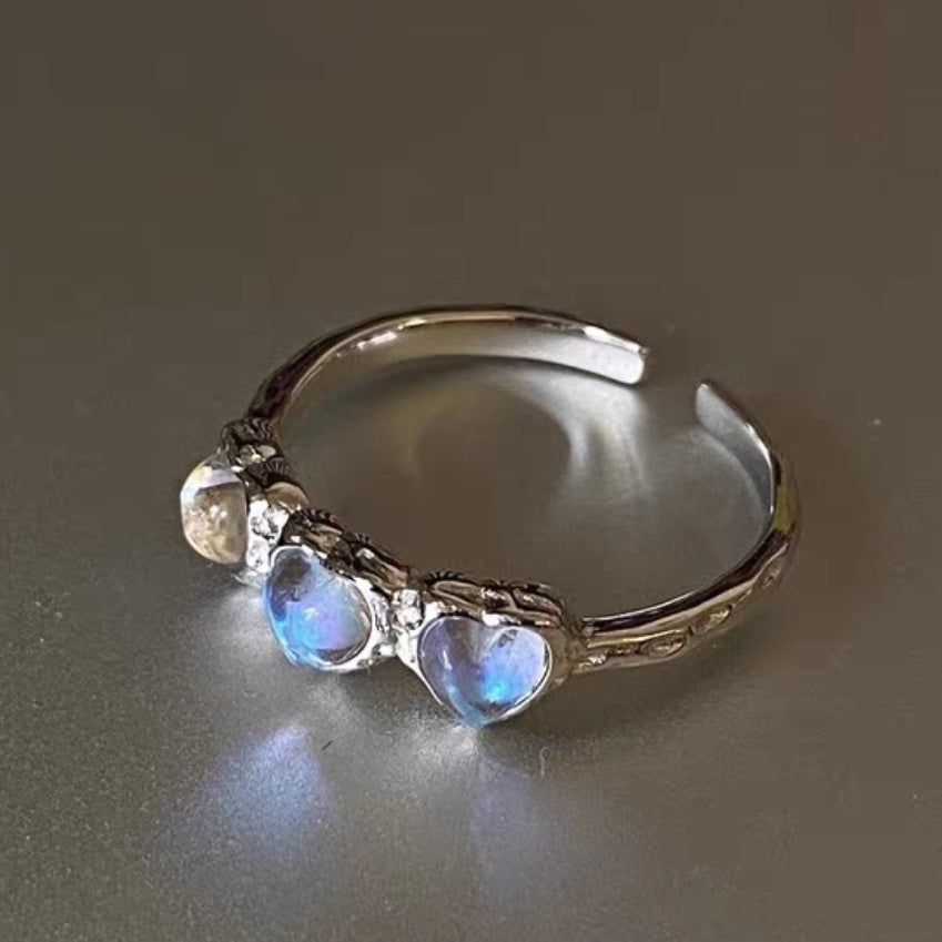 Moonlight Stone Love Ring Female ins Small Design Fantasy Shiny S925 Silver Open Ring Sweet and Cool