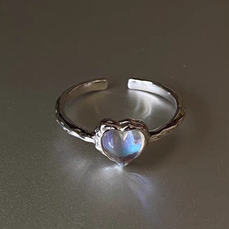Moonlight Stone Love Ring Female ins Small Design Fantasy Shiny S925 Silver Open Ring Sweet and Cool