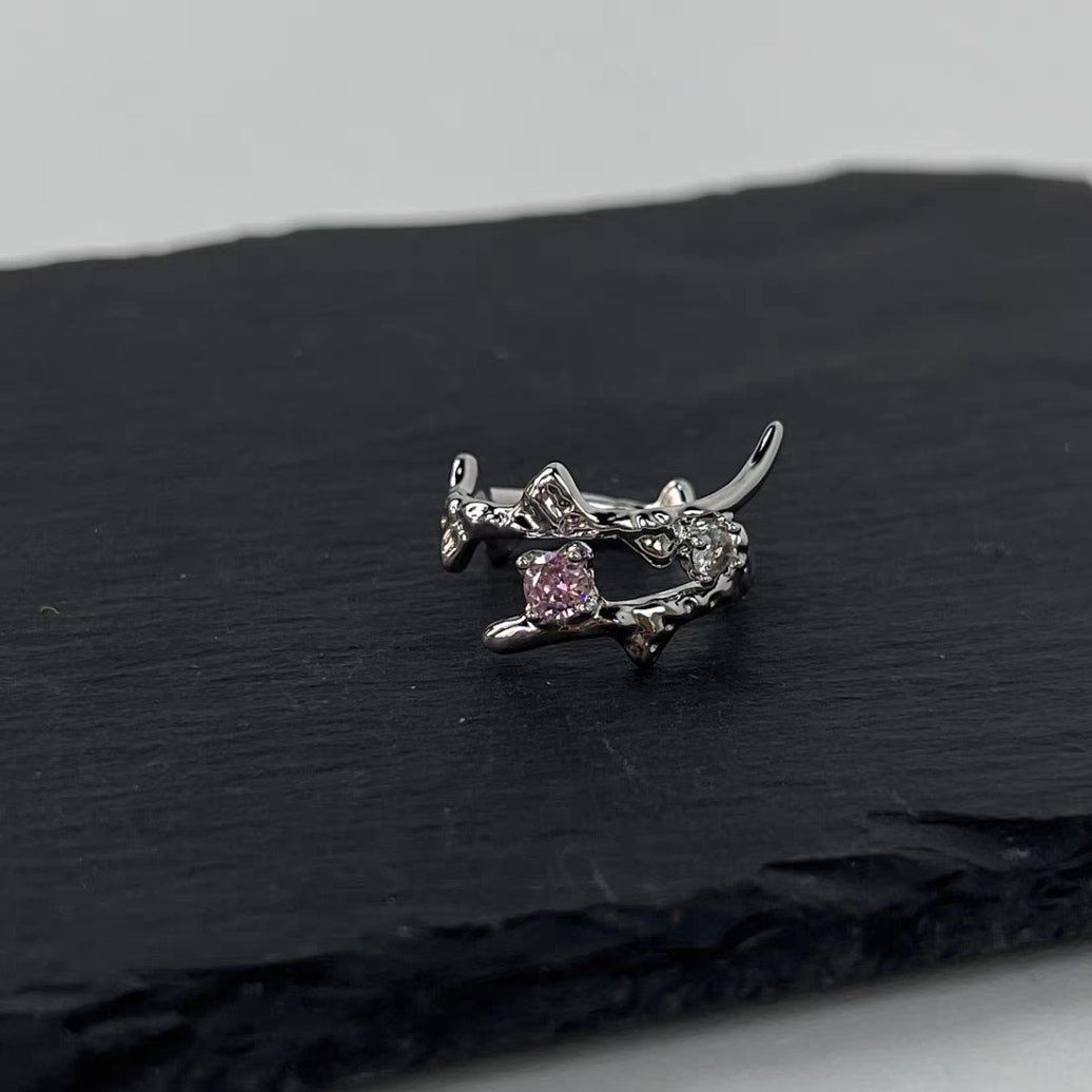 Pink Diamond Love Ring Female Fashion Light Luxury Small Popular Design Ring Fashion Personality Opening Adjustable Index Ring