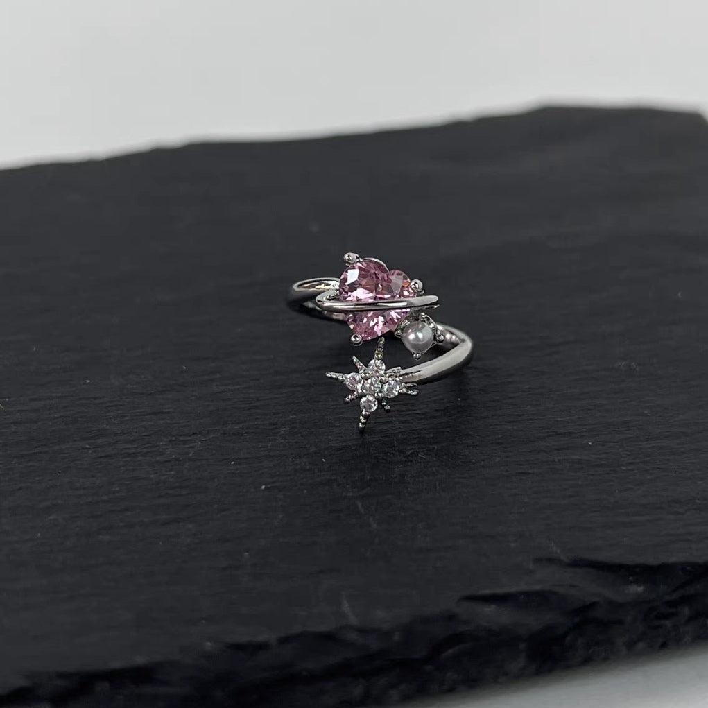 Pink Diamond Love Ring Female Fashion Light Luxury Small Popular Design Ring Fashion Personality Opening Adjustable Index Ring