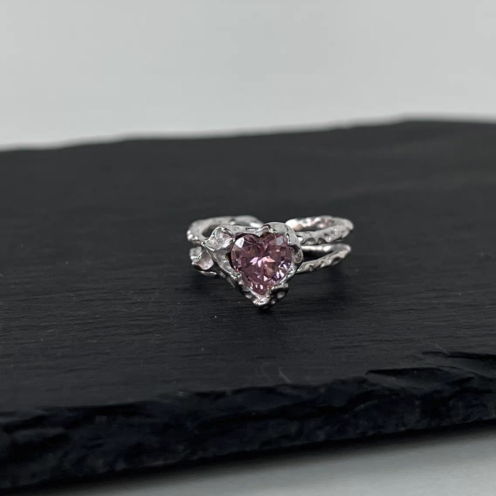 Pink Diamond Love Ring Female Fashion Light Luxury Small Popular Design Ring Fashion Personality Opening Adjustable Index Ring