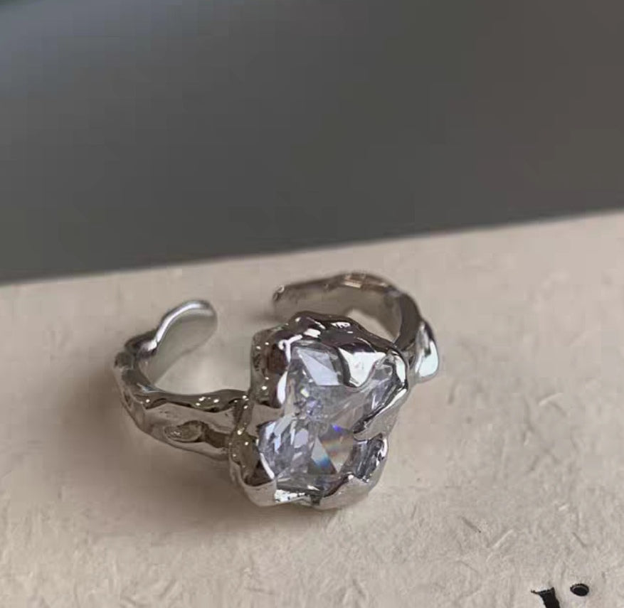 S925 Sterling Silver Zircon Irregular Tin Paper Ring ins Cool Style Advanced Temperament Does Not Fade