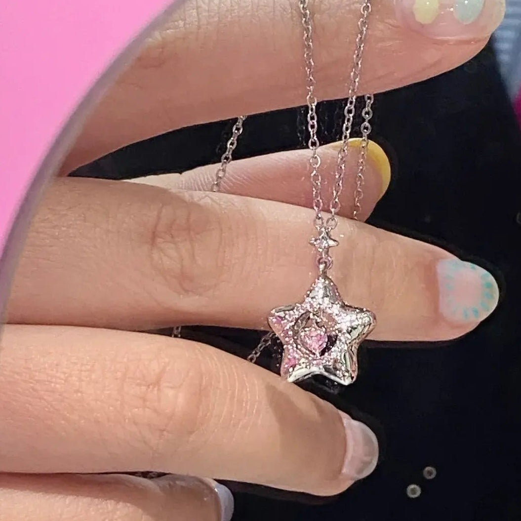 Pink Star Moon Love Crystal Diamond Necklace