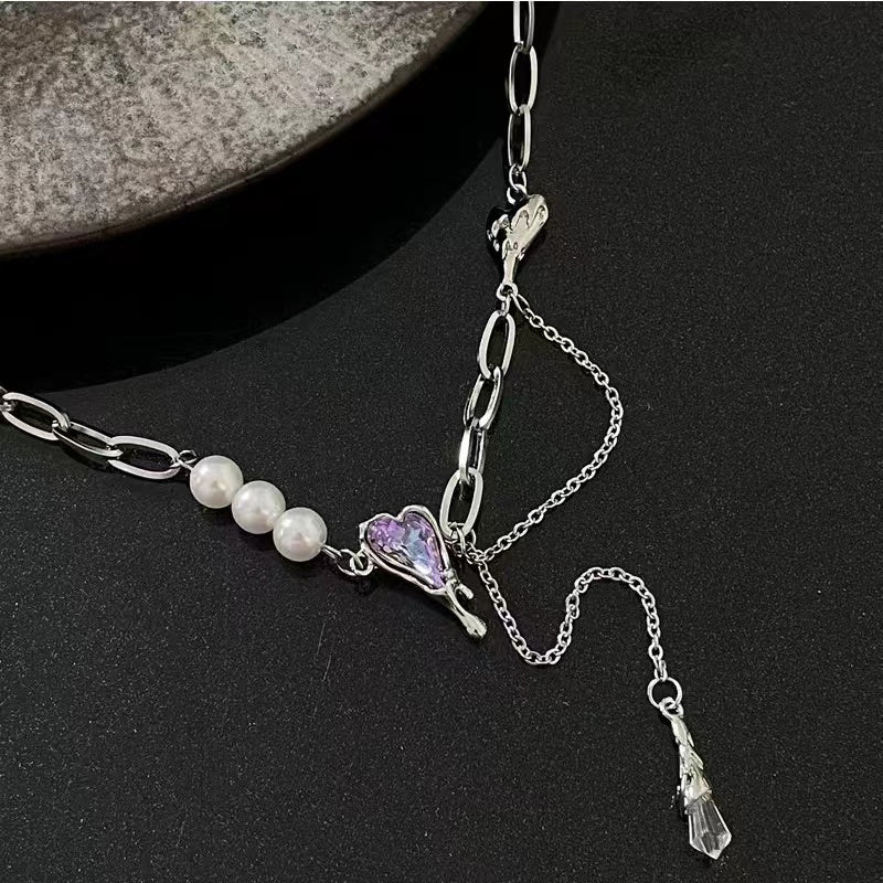 Sweet cool purple diamond love patchwork pearl tassel necklace
