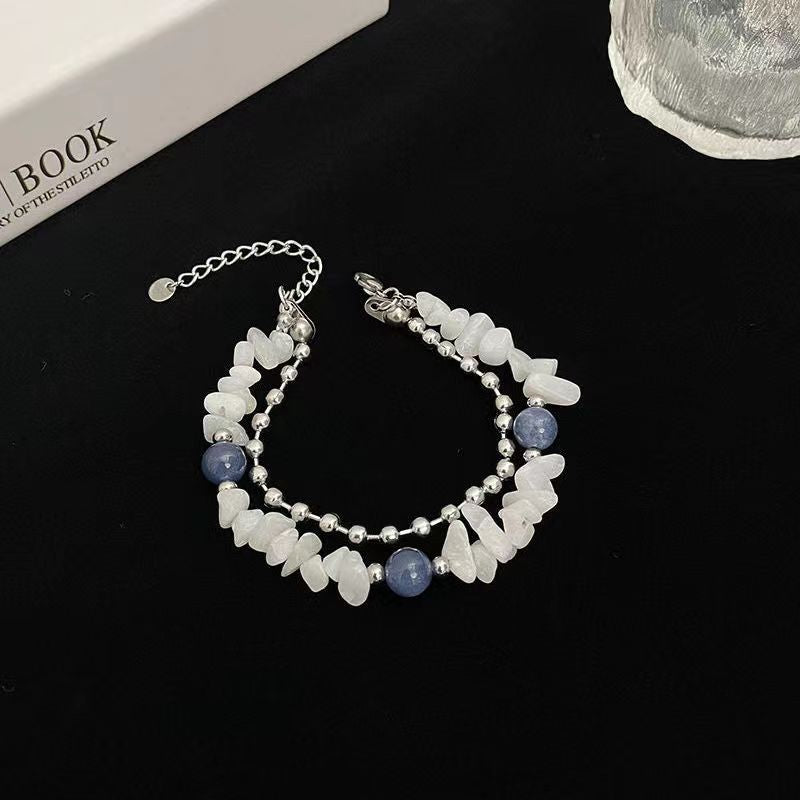 Double layer white crushed stone blue bead bracelet