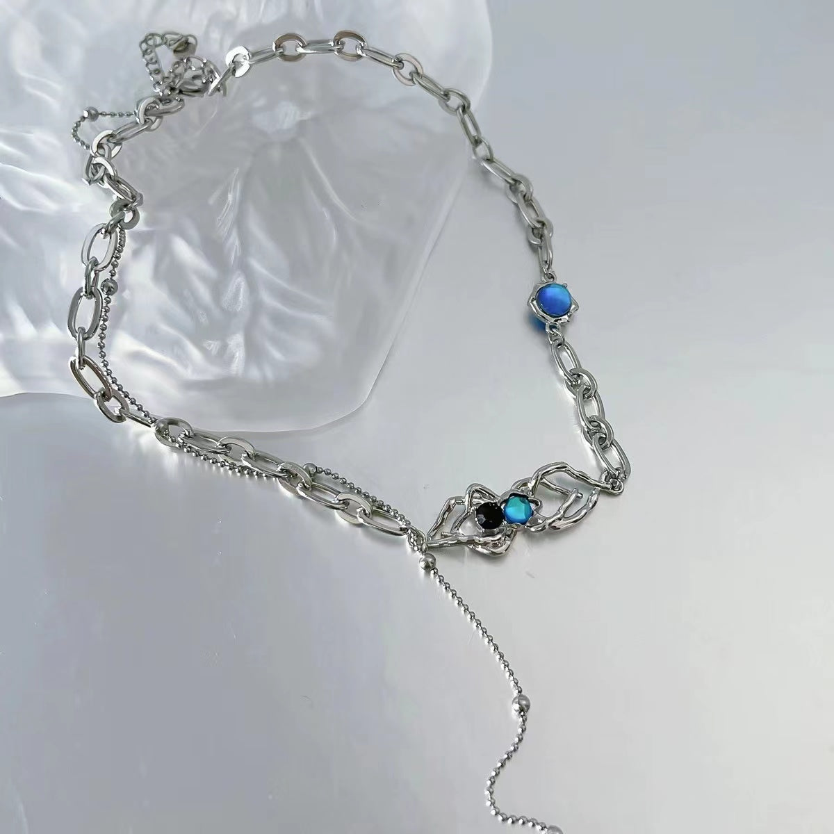 Dreamy blue irregular patchwork pearl necklace
