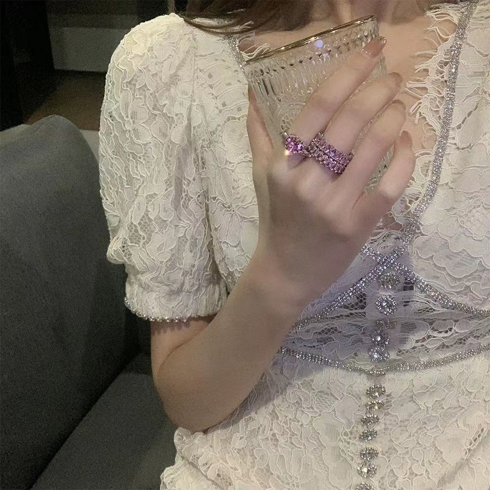 Sweet cool wind pink love ring female niche design light luxury index finger ins premium feeling inlaid zirconia open ring
