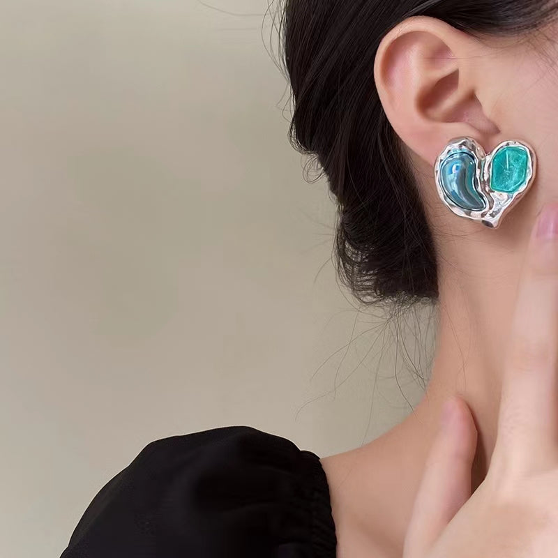 Crystal clear green love heart silver ear exaggerated earrings