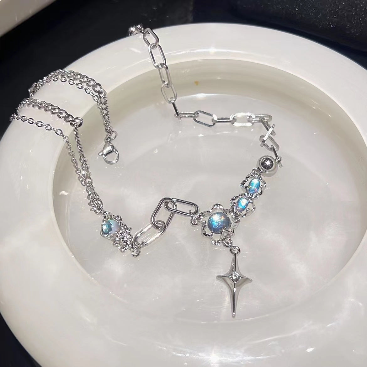 Moonlight necklace cross earrings set 925 silver pin lunar eclipse collarbone chain silver stones