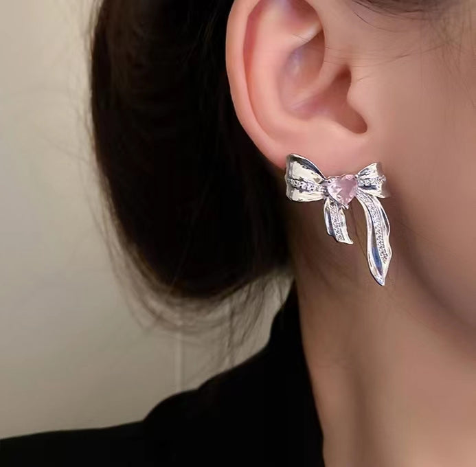 Pink zircon love Bow Earrings sweet cool Earrings