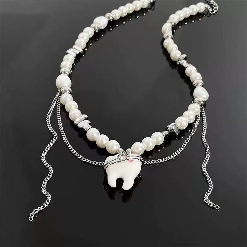 Tooth round bead mansard necklace men and women ins light luxury niche senior