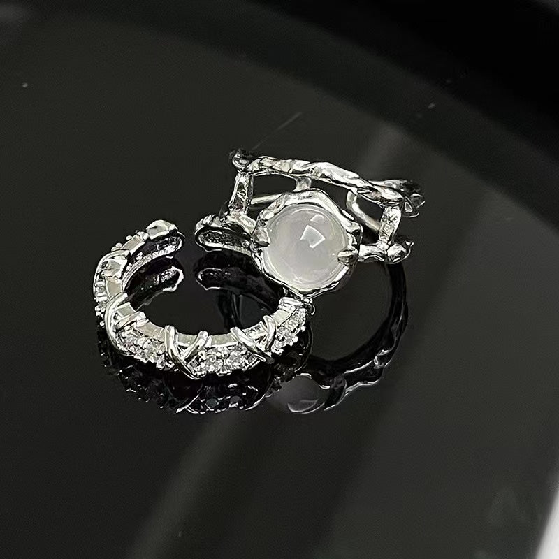 Niche design moonstone with diamond zircon ring women gemstone open ring