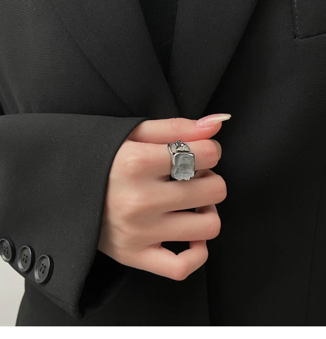Clear floral metal irregular ring