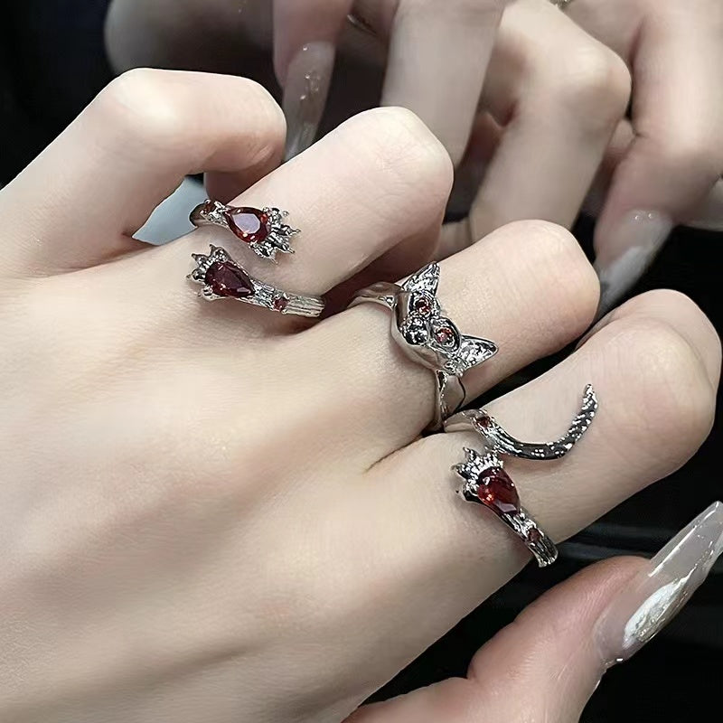 Niche design personality cold wind red zircon dark wind ring female cat claw cat tail cat open ring