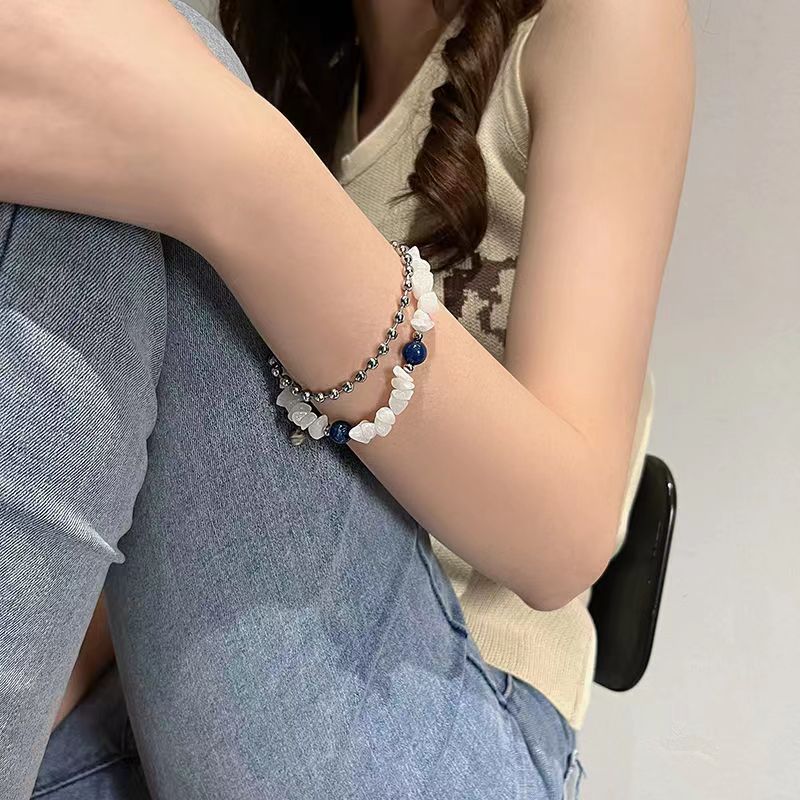 Double layer white crushed stone blue bead bracelet
