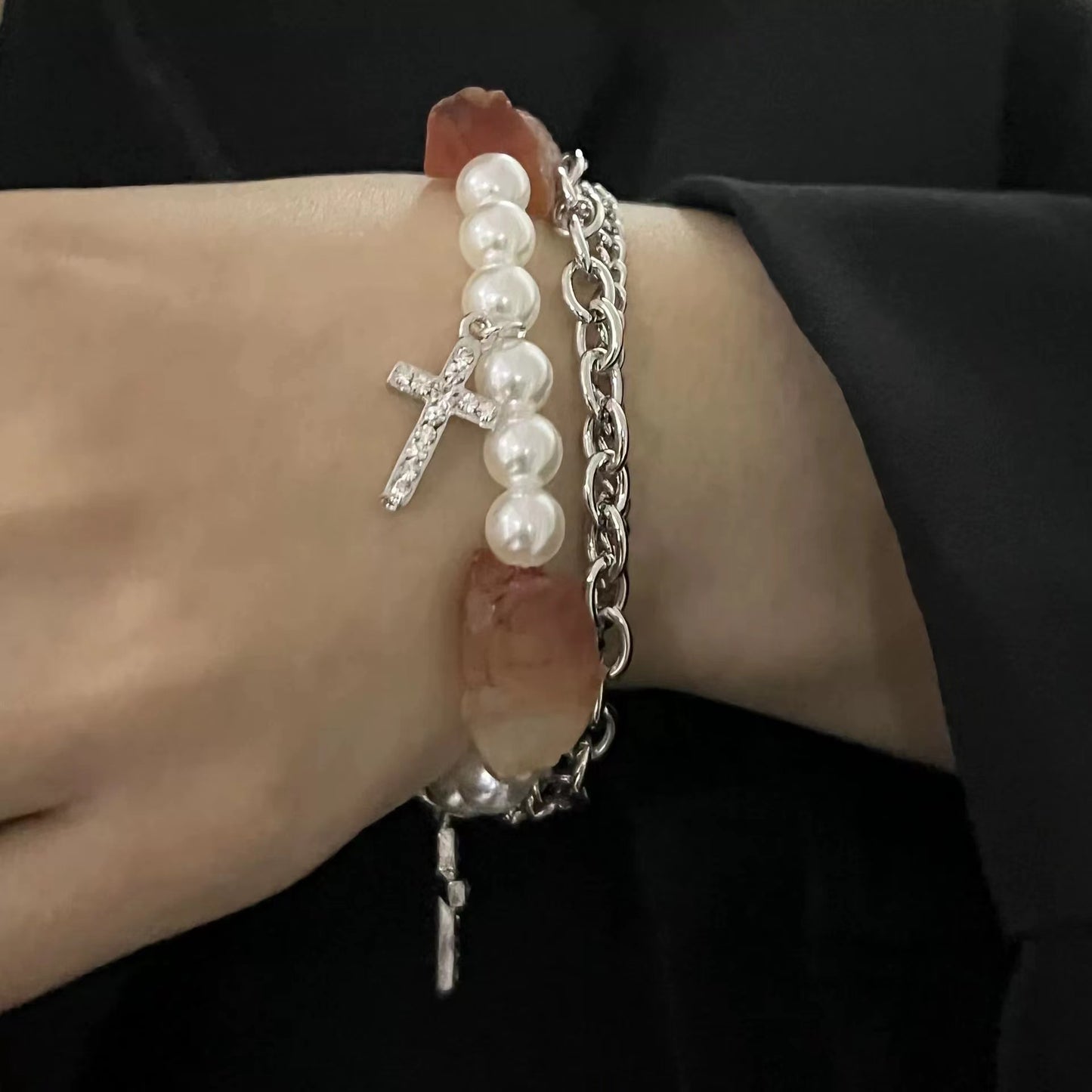 Artificial ore shell beads metal cross niche country trend chain bracelet