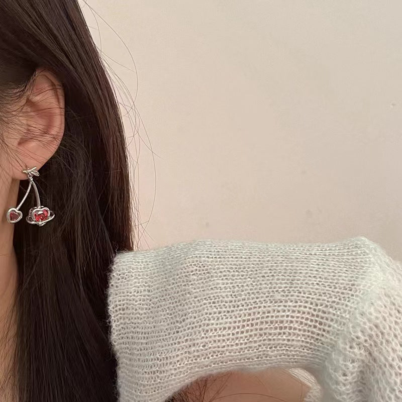 925 silver pin burgundy zirconia love Cheerios earrings niche design sense cold wind earrings ins sweet earrings