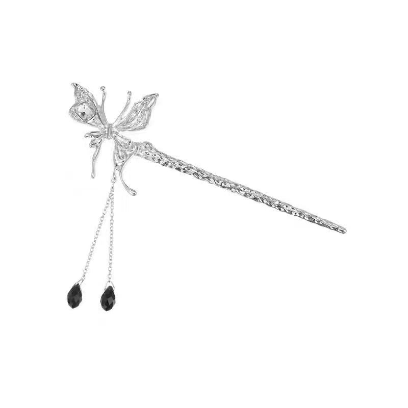 Butterfly long tassel black crystal pendant metal hairpin