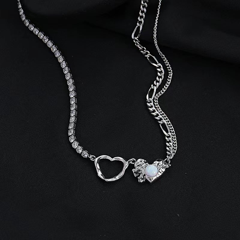 Love heart necklace female ins sweet cool hot girl personality fashion opal stone splicing accessories niche senior sense of collarbone chain