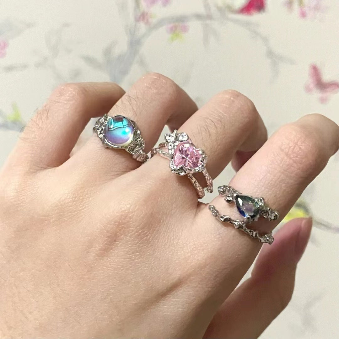 Niche design sense ins wind moonstone ring female love gemstone opening senior sense pink diamond zircon finger ring tide