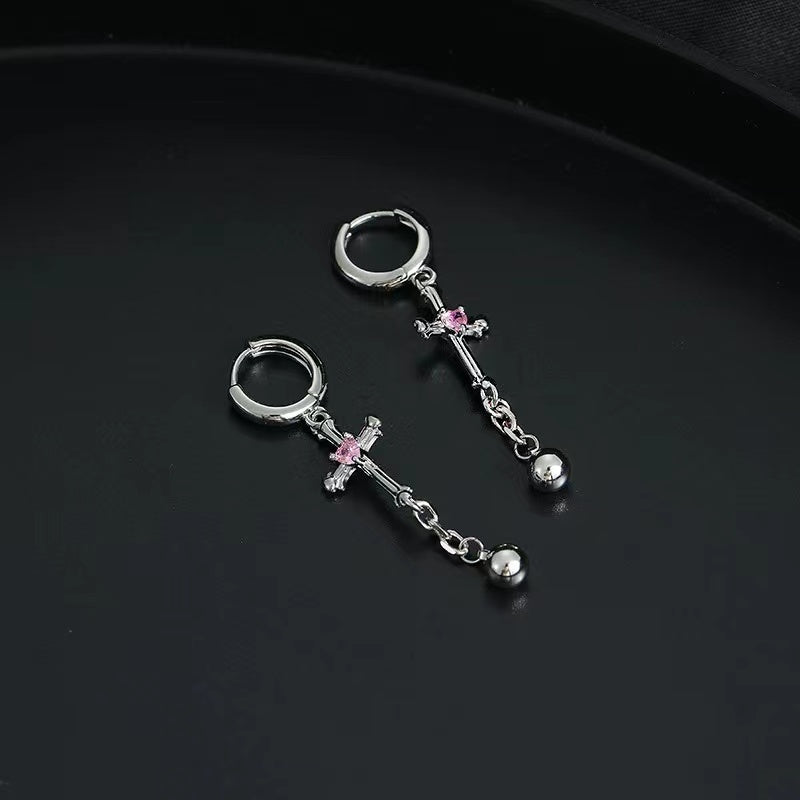 Cold wind earrings female ins personality hundred with cross long ear buckle love zirconia sweet cool senior sense earrings